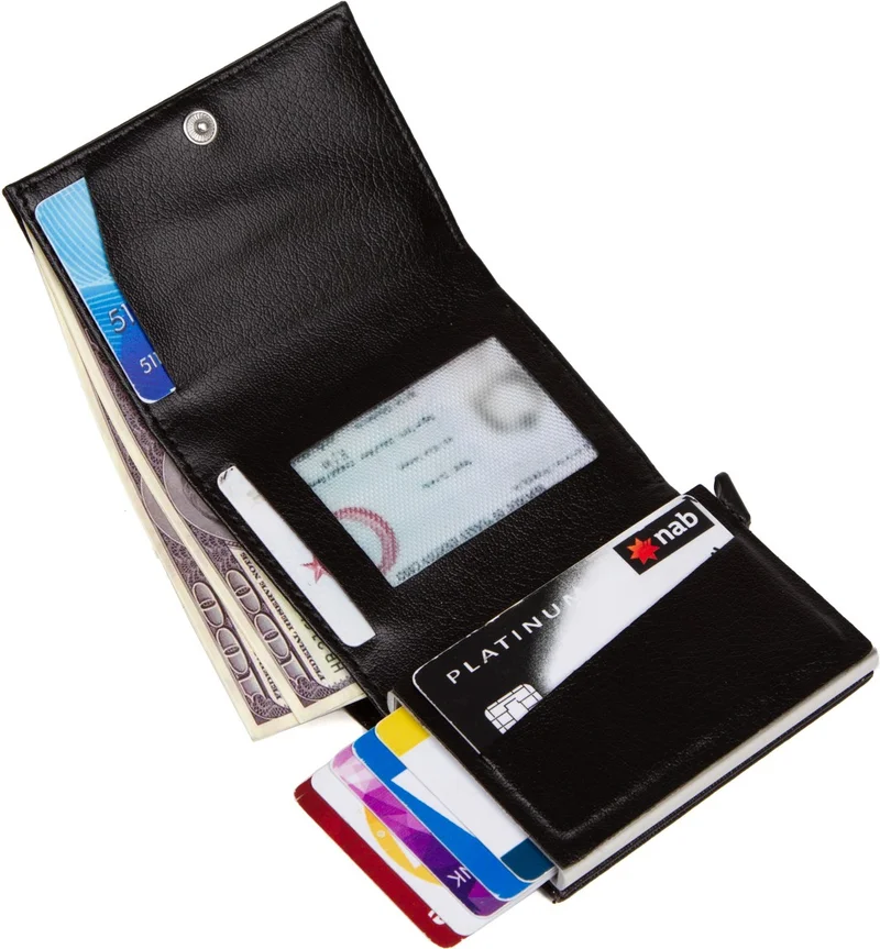Adelina Men's Black Leather Mechanism Card Holder Wallet with Automatic Slide (7CMX10CM)