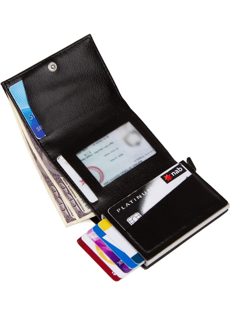 Adelina - Men's Black Leather Mechanism Card Holder Wallet with Automatic Slide (7CMX10CM) - Image 1