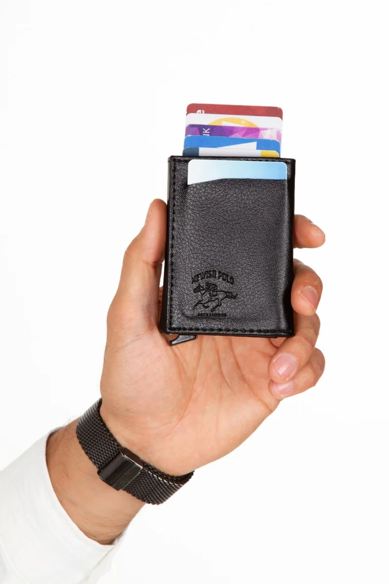 Adelina Men's Black Leather Mechanism Card Holder Wallet with Automatic Slide (7CMX10CM)