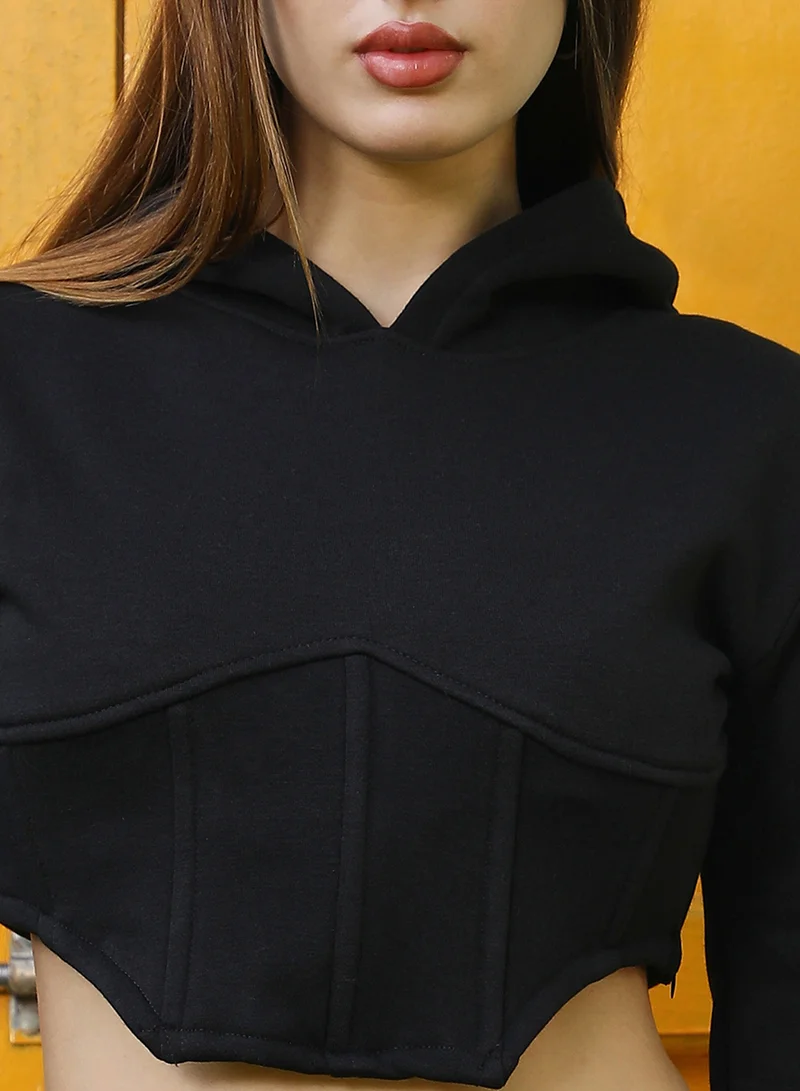 Campus Sutra Women's Midnight Black Cropped Corset Hoodie