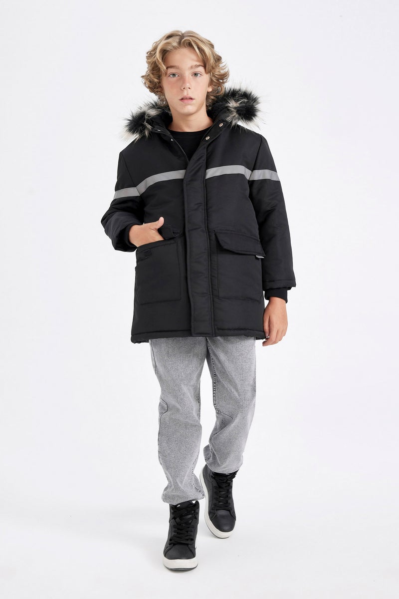 DeFacto Black Boy Removable Faux Fur Collar Hooded Plush Lining Jacket Casual - Image 4