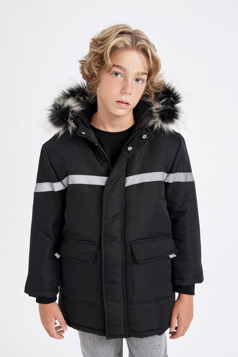 DeFacto Black Boy Removable Faux Fur Collar Hooded Plush Lining Jacket Casual - Image 5