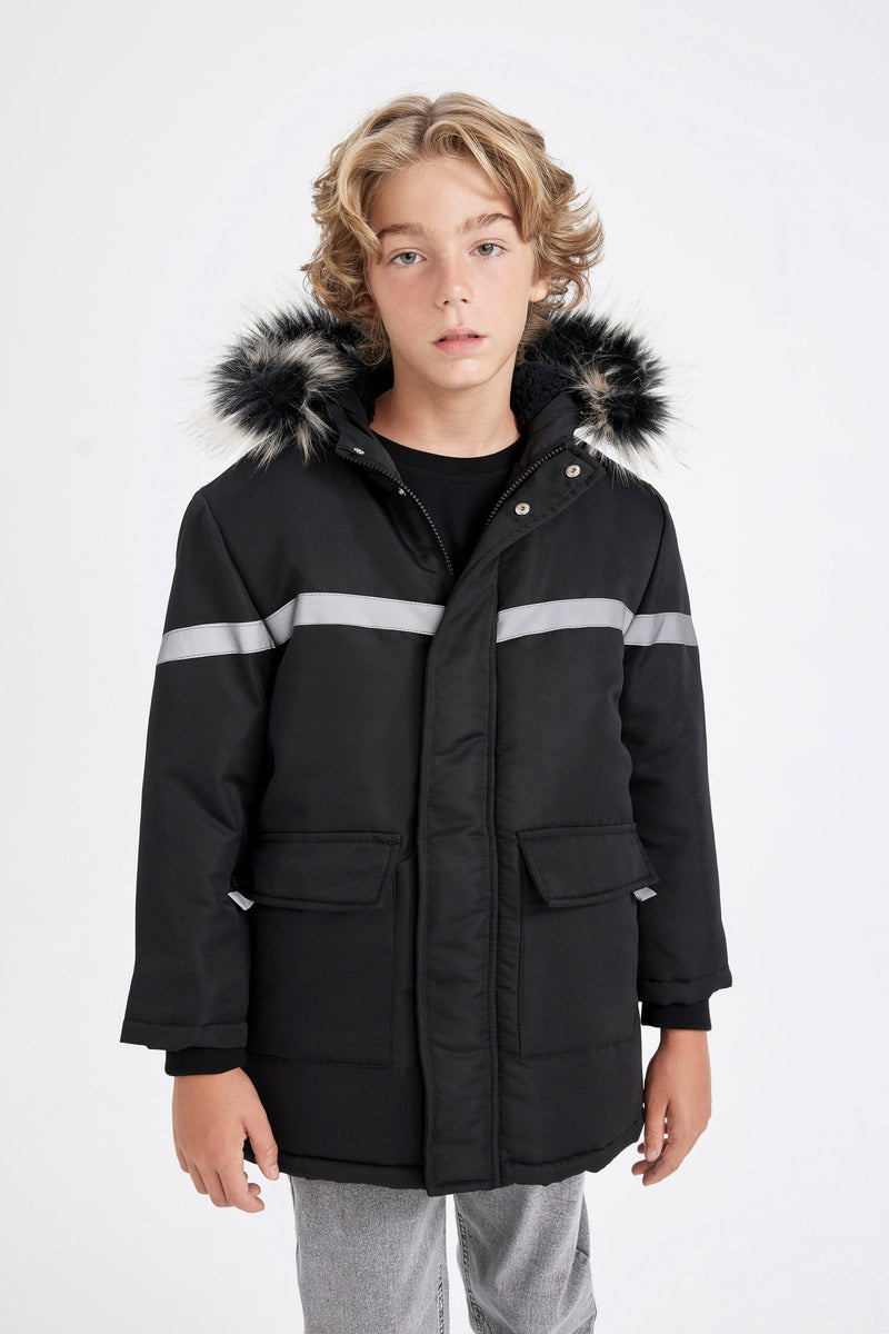 DeFacto Black Boy Removable Faux Fur Collar Hooded Plush Lining Jacket Casual - Image 1