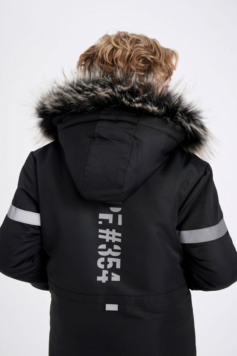 DeFacto Black Boy Removable Faux Fur Collar Hooded Plush Lining Jacket Casual - Image 2