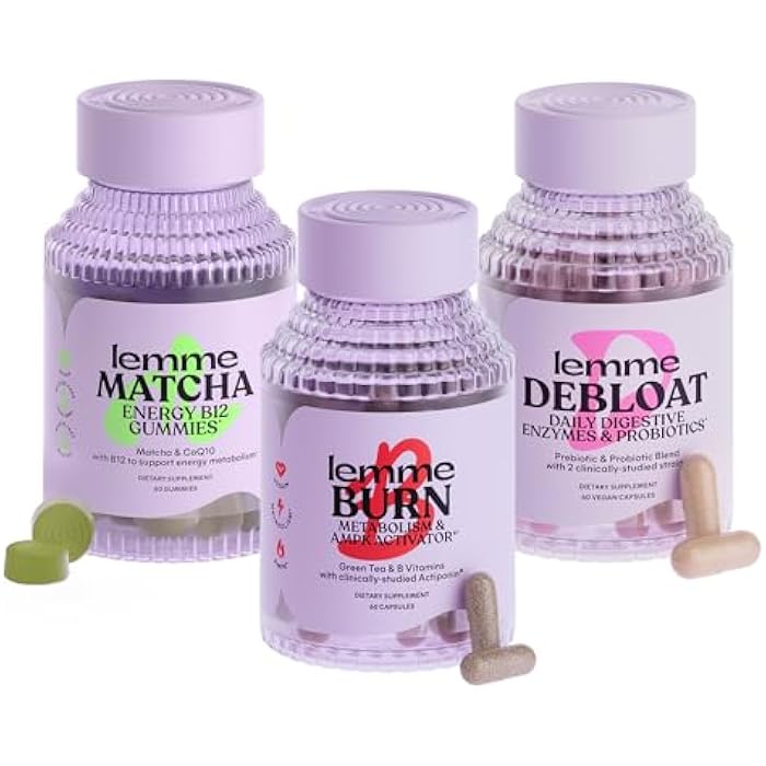 Lemme مجموعة حرق الدهون، تخفيف الانتفاخ وماتشا - كبسولات الأيض وحرق الدهون + كبسولات تخفيف الانتفاخ والغازات + حلوى الطاقة B12 - خالية من الغلوتين، غير معدلة وراثيًا - 60 حبة لكل منها - Image 1