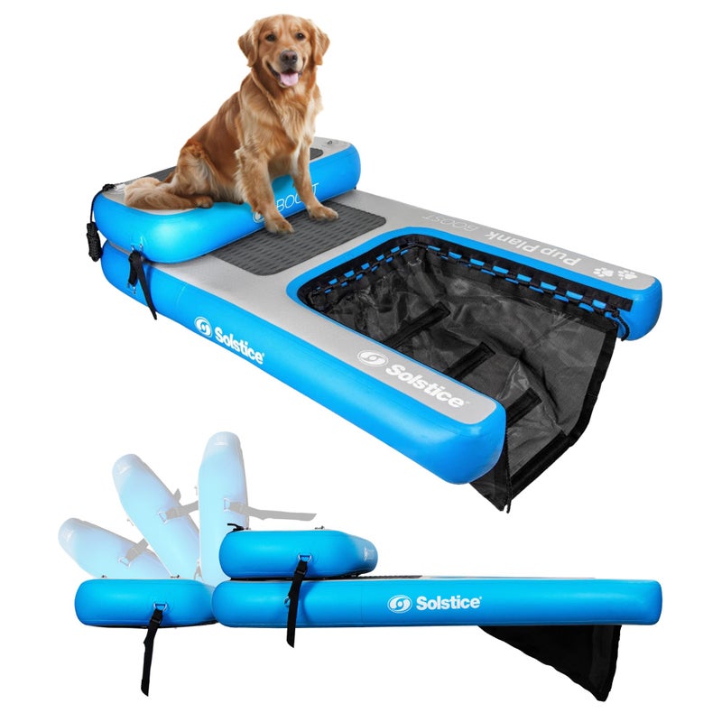 SOLSTICE Inflatable Pup Plank Dog Water Ramp for Boats Docks Boost Step 220 lb Capacity Floating Platform for Pets for Lake River Beach Swimming Pool Includes Pump PatentProtected Design