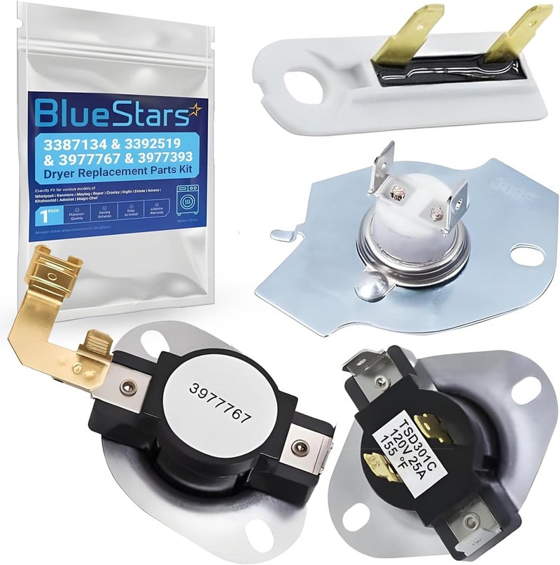 BlueStars 3387134 Cycling Thermostat 3392519 Dryer Thermal Fuse 3977393 Thermal Cut-off Switch 3977767 High-limit Thermostat Kit - Compatible with Whirlpool Kenmore Maytag Dryers - Image 1