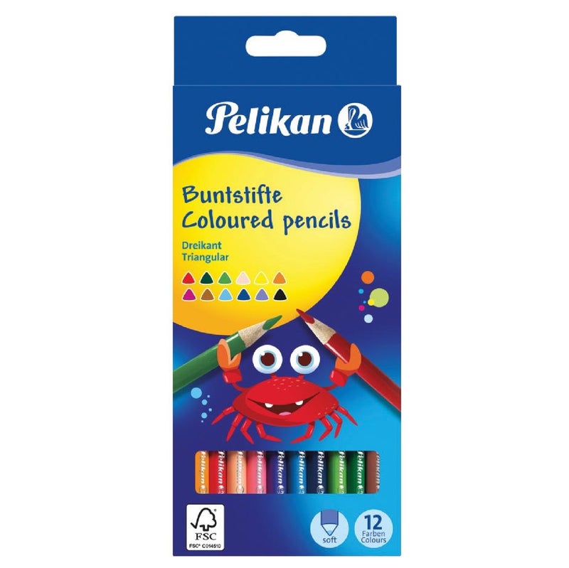 Pelikan Triangular Colored Pencils, 12 Vibrant Soft Colors, Ergonomic Grip for Kids, FSC Certified