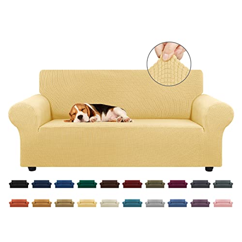 KEKUOU Stretch Loveseat Sofa Cover SlipcoverCouch Covers for 2 Cushion Couch Sofa 5579 Furniture Protector Sofa with Elastic Bottom for KidsDog Jacquard Small CheckedMediumChampagne