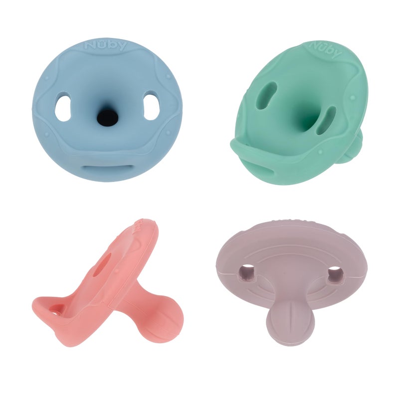 Nuby 2 Piece 100% Silicone Cherry/Natural Shape Pacifiers, 6-12 Months, Blue/Green or Pink/Purple - Image 1