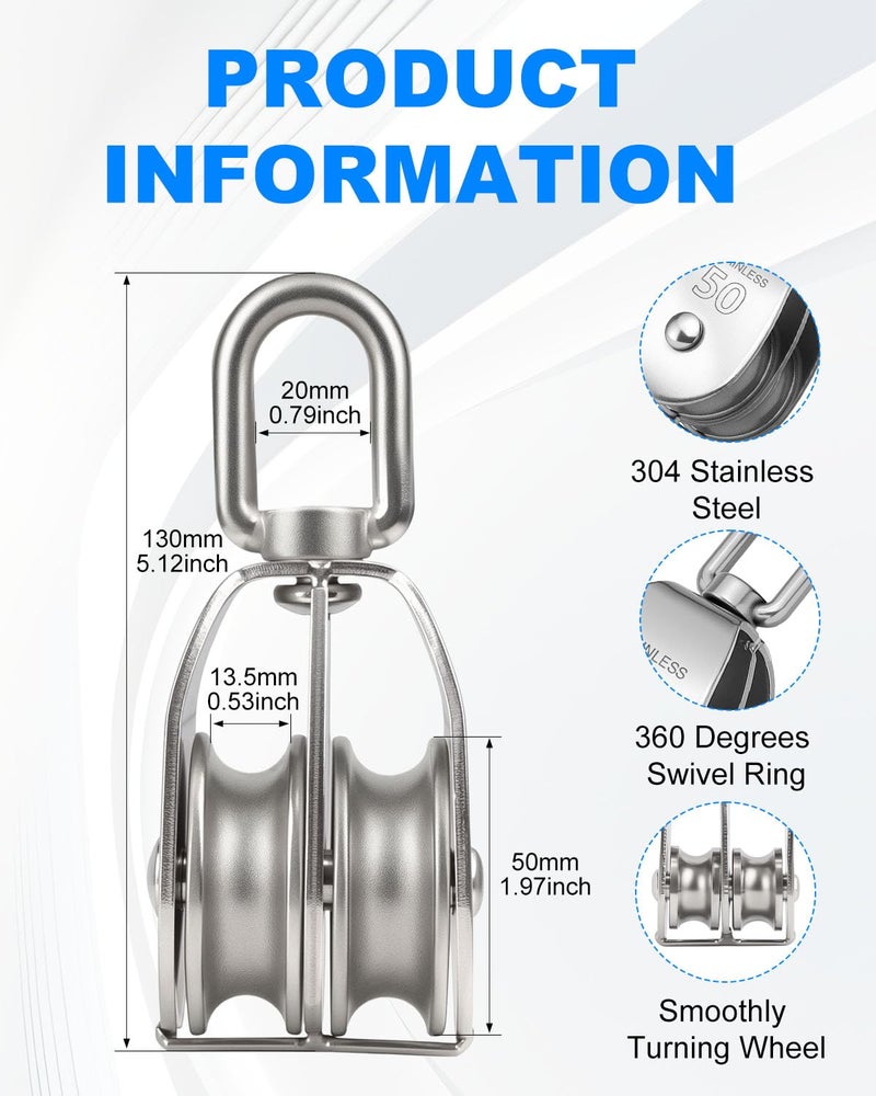 Rocaris 2 Pack M50 Lifting Double Pulley Block 304 Stainless Steel Crane Swivel Hook Double Pulley Roller Loading - Image 2