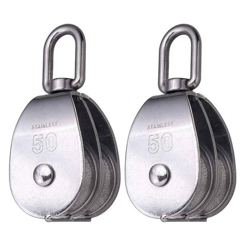 Rocaris 2 Pack M50 Lifting Double Pulley Block 304 Stainless Steel Crane Swivel Hook Double Pulley Roller Loading - Image 1