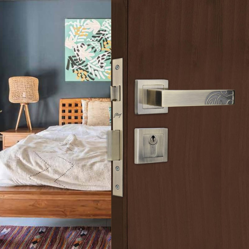 Godrej Locking Solutions and Systems Godrej Mortise Lock Handle Lock Set for Main Bedroom Door Cascade Rossette Home Dcor Handle Antique Brass Finish 60 mm 1CK Cylinder Knob from Inside and with 4 Keyswith 5year Warranty  - Image 1