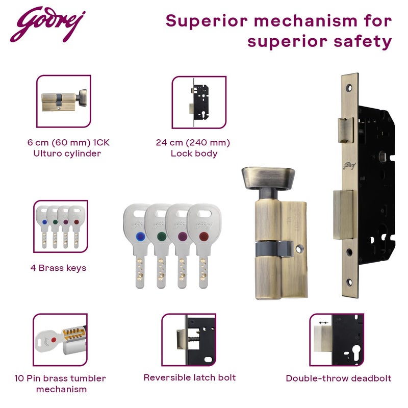 Godrej Locking Solutions and Systems Godrej Mortise Lock Handle Lock Set for Main Bedroom Door Cascade Rossette Home Dcor Handle Antique Brass Finish 60 mm 1CK Cylinder Knob from Inside and with 4 Keyswith 5year Warranty  - Image 3