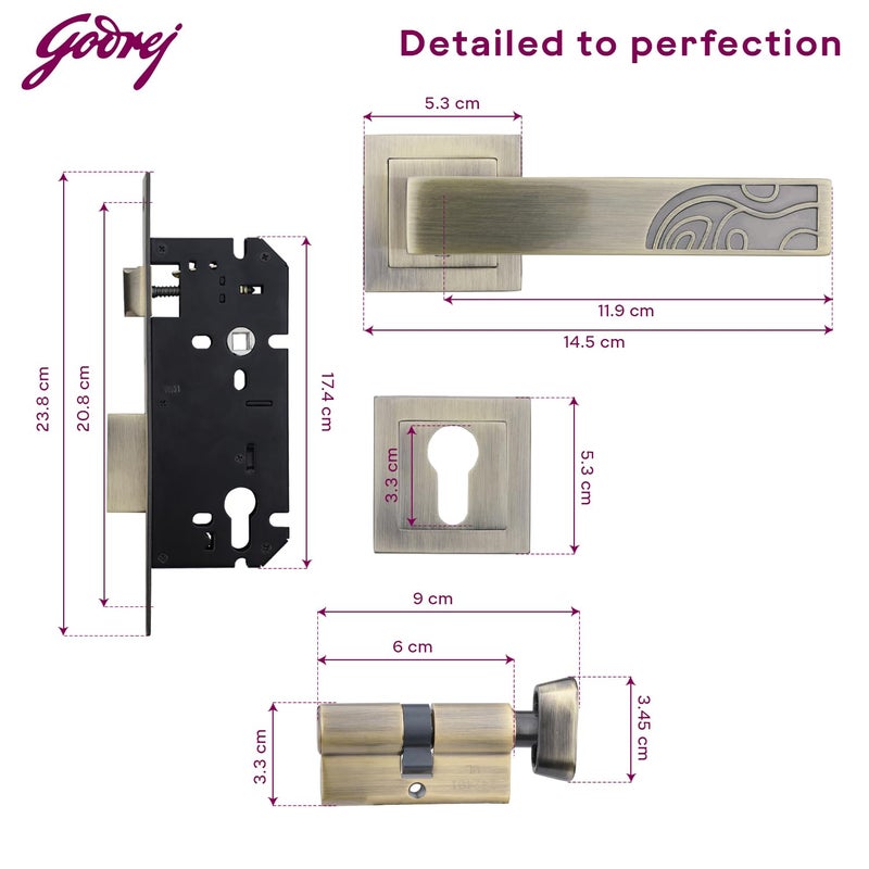 Godrej Locking Solutions and Systems Godrej Mortise Lock Handle Lock Set for Main Bedroom Door Cascade Rossette Home Dcor Handle Antique Brass Finish 60 mm 1CK Cylinder Knob from Inside and with 4 Keyswith 5year Warranty  - Image 5