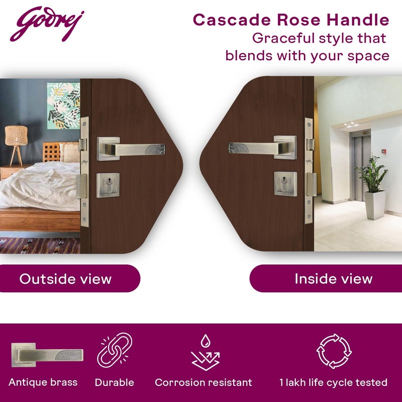 Godrej Locking Solutions and Systems Godrej Mortise Lock Handle Lock Set for Main Bedroom Door Cascade Rossette Home Dcor Handle Antique Brass Finish 60 mm 1CK Cylinder Knob from Inside and with 4 Keyswith 5year Warranty  - Image 2