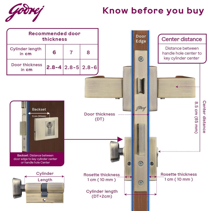 Godrej Locking Solutions and Systems Godrej Mortise Lock Handle Lock Set for Main Bedroom Door Cascade Rossette Home Dcor Handle Antique Brass Finish 60 mm 1CK Cylinder Knob from Inside and with 4 Keyswith 5year Warranty  - Image 4