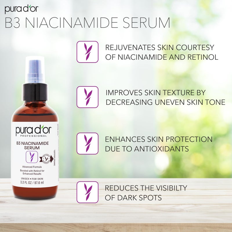 PURA D'OR 3.3 Oz B3 Niacinamide Advanced Facial Serum - Skin Care Formula with Retinol For Wrinkles, Hydration & Radiant Complexion - All Skin Types, Hypoallergenic - Women & Men - Image 3