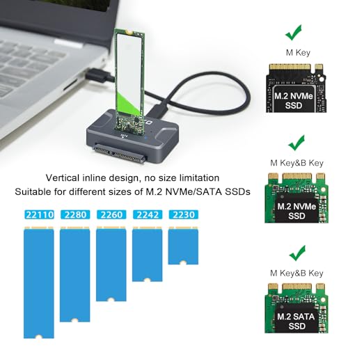 AOKO NVMe to USB 3.2(10Gbps) SSD Reader Docking Station – Portable M.2 SSD to USB Adapter External NVMe SSD Enclosure for M.2 PCIe NVMe and M.2 SATA SSD, Compatible with 2.5'' SATA Dirve - Image 5