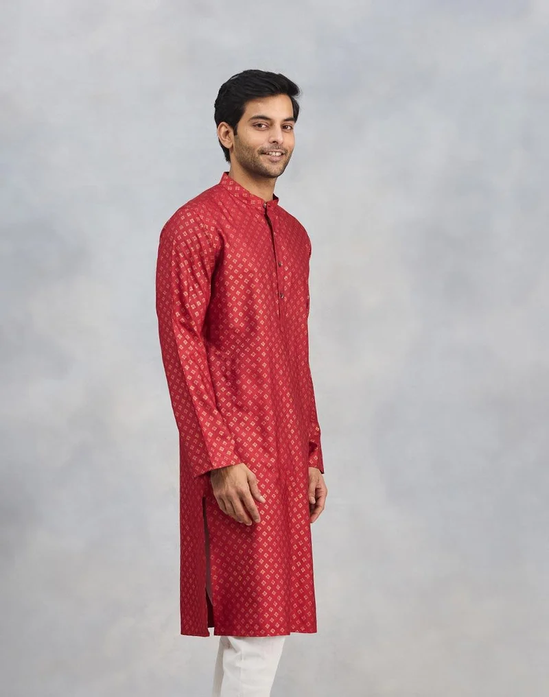 Fabindia Red Viscose Silk Hand Block Printed Slim Fit Long Kurta