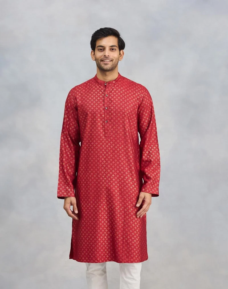 Fabindia Red Viscose Silk Hand Block Printed Slim Fit Long Kurta