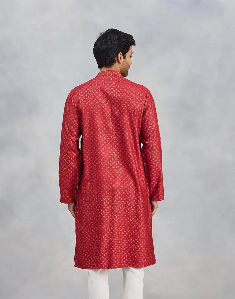 Fabindia Red Viscose Silk Hand Block Printed Slim Fit Long Kurta