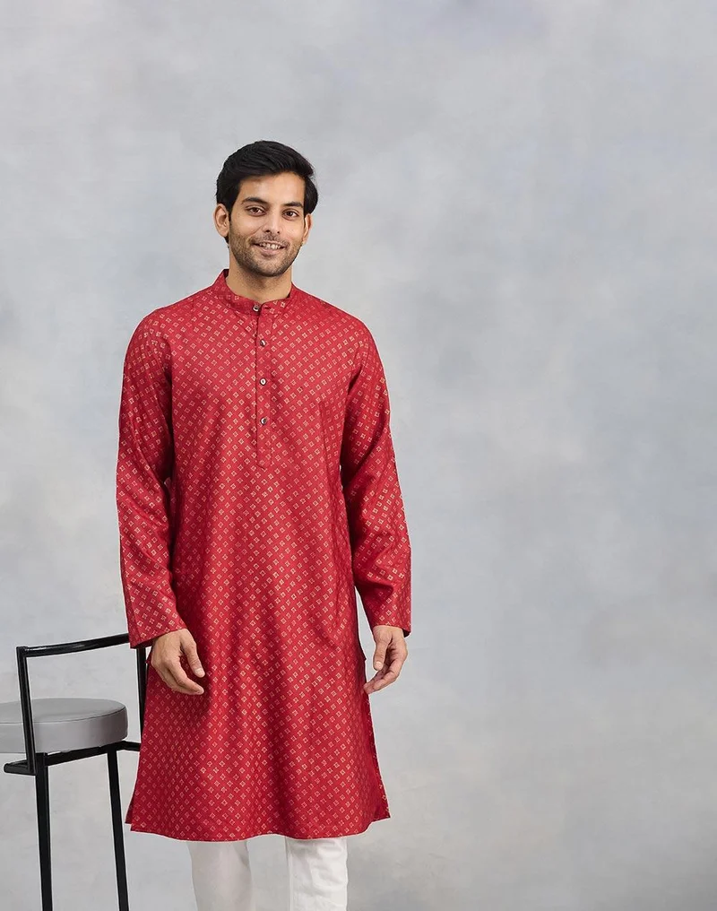 Fabindia Red Viscose Silk Hand Block Printed Slim Fit Long Kurta
