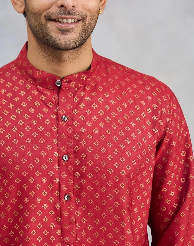 Fabindia Red Viscose Silk Hand Block Printed Slim Fit Long Kurta
