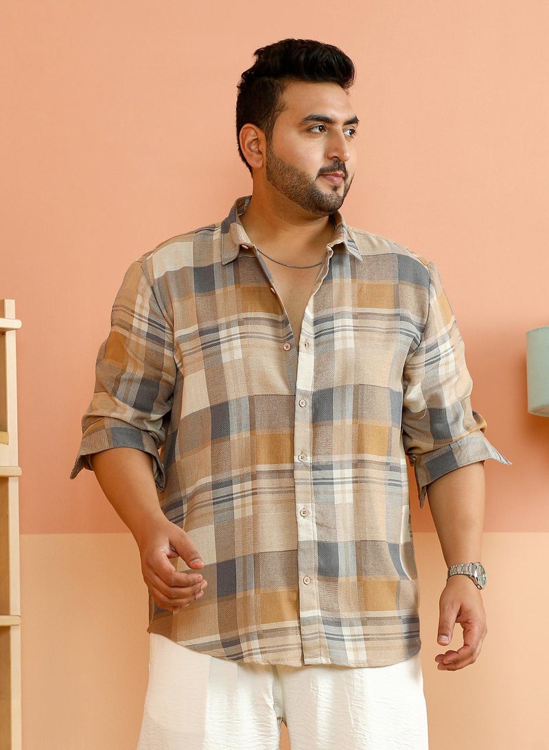 Instafab Plus Men's Yellow Ochre & Moon Grey Gradient-Plaid Shirt For Casual Wear | Spread Collar | Long Cuffed Sleeves | Button Closure | Plus Size Shirt Crafted With Comfort Fit For Everyday Wear - Image 3