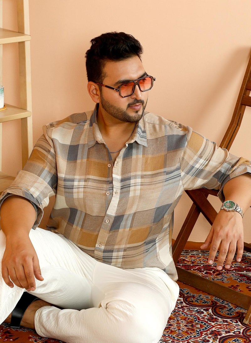 Instafab Plus Men's Yellow Ochre & Moon Grey Gradient-Plaid Shirt For Casual Wear | Spread Collar | Long Cuffed Sleeves | Button Closure | Plus Size Shirt Crafted With Comfort Fit For Everyday Wear - Image 2