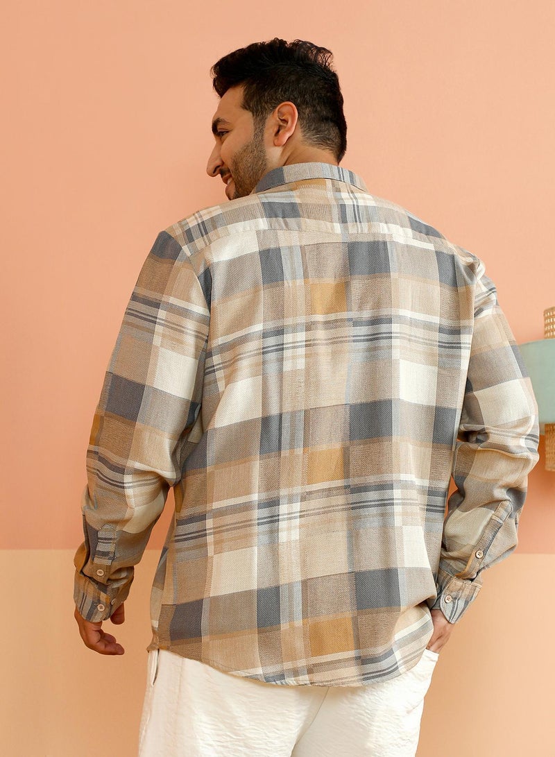 Instafab Plus Men's Yellow Ochre & Moon Grey Gradient-Plaid Shirt For Casual Wear | Spread Collar | Long Cuffed Sleeves | Button Closure | Plus Size Shirt Crafted With Comfort Fit For Everyday Wear - Image 5