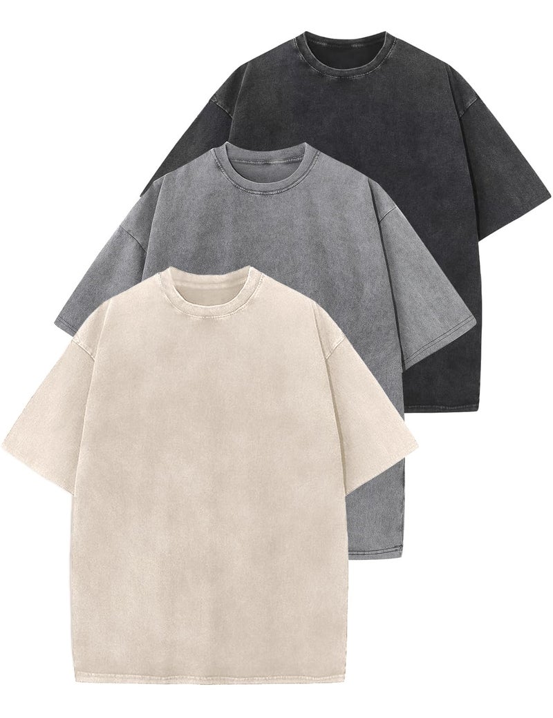 Yimoon Oversized Tshirts for Women Acid Wash Cotton Tee Shirts Baggy Boyfriend Vintage Streetwear Tops(Blackgreybeige-L) - Image 1