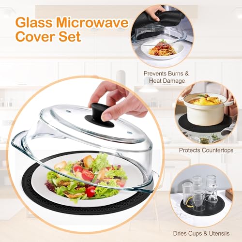 JPPSUJJ Glass Microwave Splatter Cover for Food with Microwave Place Mat - Sturdy Plate Guard Lid with Vent Holes and Easy-Grip Silicone Handle - BPA Free, Dishwasher Safe (Black) - Image 3