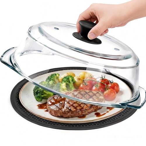 JPPSUJJ Glass Microwave Splatter Cover for Food with Microwave Place Mat - Sturdy Plate Guard Lid with Vent Holes and Easy-Grip Silicone Handle - BPA Free, Dishwasher Safe (Black) - Image 1