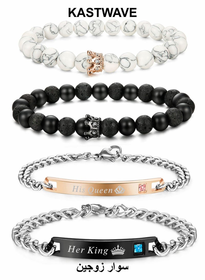 KASTWAVE Couple Bracelet, Ladies Men's Matching Magnetic Crown Queen Bracelet Beads Natural Stone Beads Couple Beads Suitable for Gifts 4Pcs - Image 1