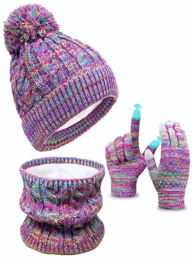 EAONE Kids Winter Hat Gloves Set with Scarf, Beanie Hat with Pom Knit Mittens Neck Warmer Fleece Lined for Aged 3-10 Girls Boys - Image 1