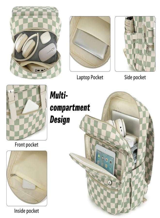 Dezcrab Corduroy Travel Backpack for Women, 15.6 Inch College Laptop Backpack, Fashion School Bookbag Work Backpacks (Corduroy Checkered Green) - Image 3