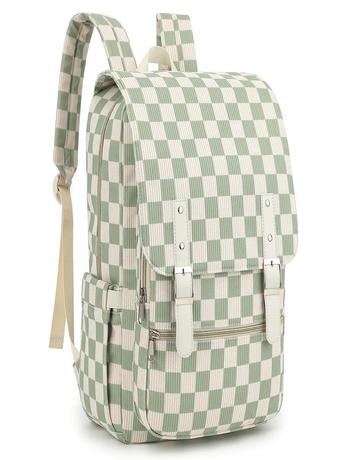 Dezcrab Corduroy Travel Backpack for Women, 15.6 Inch College Laptop Backpack, Fashion School Bookbag Work Backpacks (Corduroy Checkered Green) - Image 1