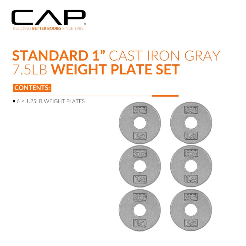CAP Barbell Cast Iron Standard 1-Inch Weight Plate Set â€“ Barbell Weights for Home Gym, Strength Training, and Weightlifting, 1.25 lb Set of 6, Gray - Image 2