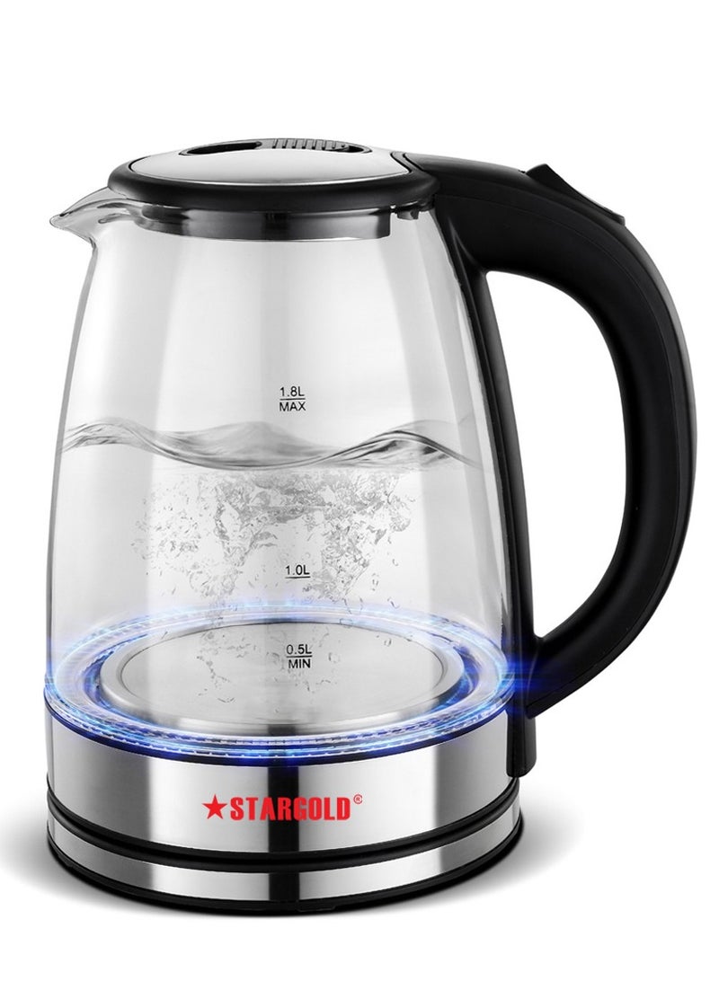 Stargold Glass Body Electric Kettle with Stainless Steel Lid Auto Shut Off Boil Dry Protection 1500W Wide Opening 1.8L Blue LED Light Indicator Borosilicate Glass Tea Kettle & Hot Water Boiler - Image 1