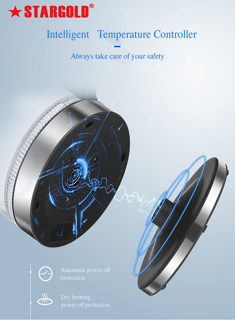 Stargold Glass Body Electric Kettle with Stainless Steel Lid Auto Shut Off Boil Dry Protection 1500W Wide Opening 1.8L Blue LED Light Indicator Borosilicate Glass Tea Kettle & Hot Water Boiler - Image 4