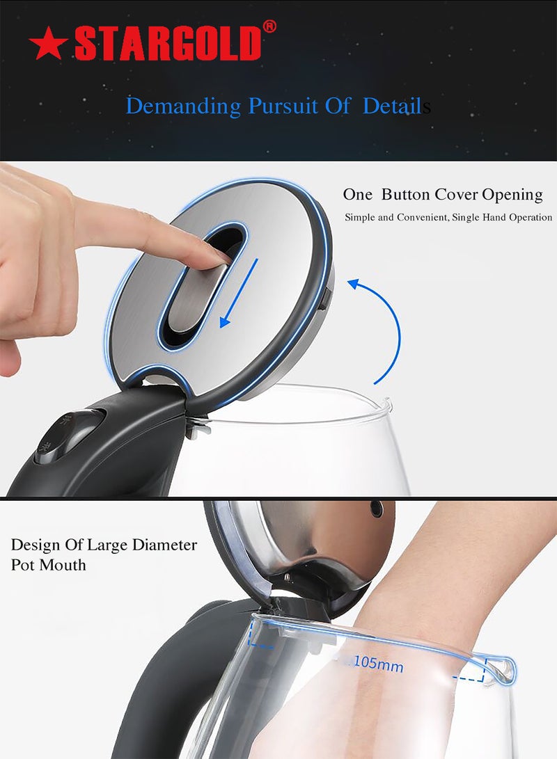 Stargold Glass Body Electric Kettle with Stainless Steel Lid Auto Shut Off Boil Dry Protection 1500W Wide Opening 1.8L Blue LED Light Indicator Borosilicate Glass Tea Kettle & Hot Water Boiler - Image 3