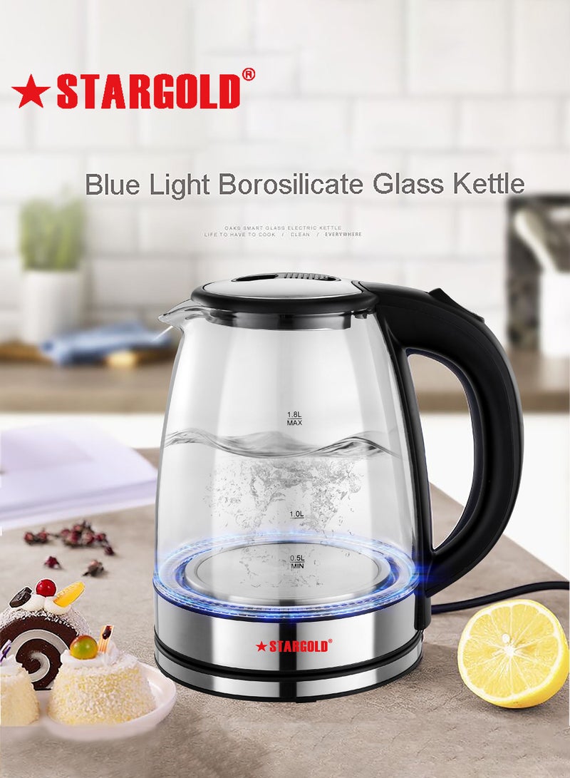 Stargold Glass Body Electric Kettle with Stainless Steel Lid Auto Shut Off Boil Dry Protection 1500W Wide Opening 1.8L Blue LED Light Indicator Borosilicate Glass Tea Kettle & Hot Water Boiler - Image 5