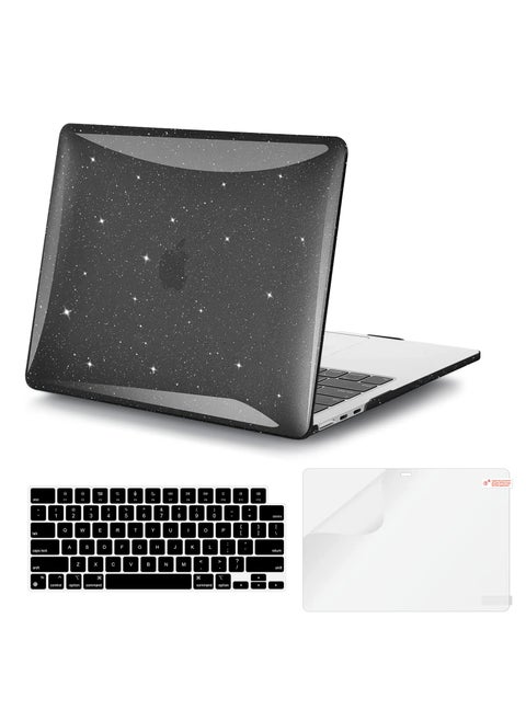 3 in 1 Black Shining Glitter Plastic Laptop Hard Shell Case with Keyboard Cover & Screen Protector Compatible for MacBook Air 13.6 M2 Chip A2681 and M3 Chip A3113 and M4 Chip A3240