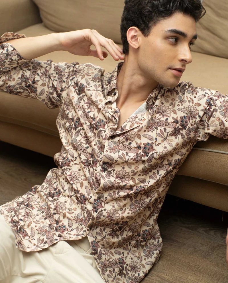Rare Rabbit Rare Rabbit Men's Ravell Beige Cotton Viscose Fabric Full Sleeves Floral Print Shirt