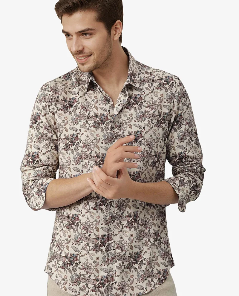 Rare Rabbit Rare Rabbit Men's Ravell Beige Cotton Viscose Fabric Full Sleeves Floral Print Shirt