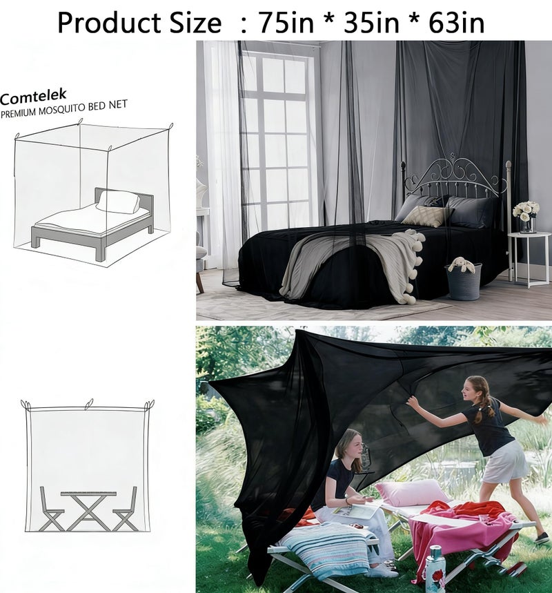 Comtelek Canopy Bed Curtains 4 Corners Mosquito Net Mosquiteros para Camas Bed Canopies Netting Bed Drapes Rectangular Mosquito Mesh for Patio Gothic Outdoor Travel Home Decorï¼ˆL75 X W35 X H63,1 Opening,Blackï¼‰ - Image 2