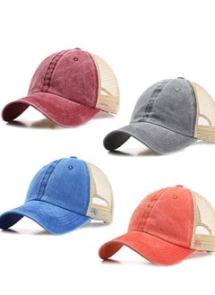 4 Pack Vintage Unstructured Trucker Hat, Adjustable Cotton Washed Distressed Mesh Back Baseball Cap for Outdoor Sports Tennis