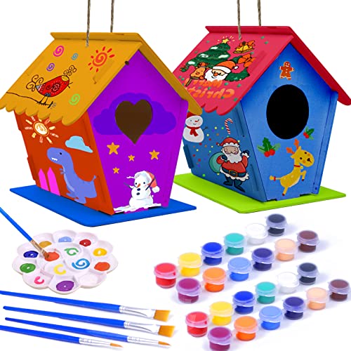 hapray 2 Pack Bird House Kit, DIY Birdhouse Kits, Wooden Crafts Arts for Children to Build and Paint (Includes Paints & Brushes) for Kids Girls Boys Toddlers Halloween Christmas Gifts - Image 1