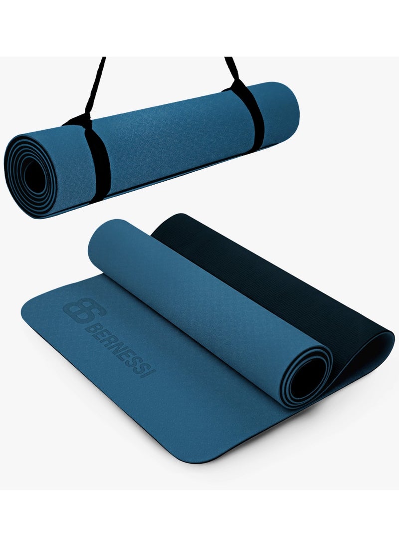 Bernessi 8MM Yoga Mat with Carrying Strap Anti-Slip for Home Workout Exercises Meditation Eco Friendly, Non Skid TPE Yoga Mattres for Pilates 183x61x0.8cm Thick, Blue / Black Color  - Image 1